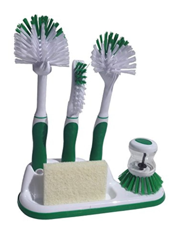 Powerstone Kitchen Cleaning 6 Piece Set, Including Sponge and Caddy for Scrubbing Dishes, Bottles, Utensils, Sinks, Grout, Peeling and Cleaning Vegetables (Green)