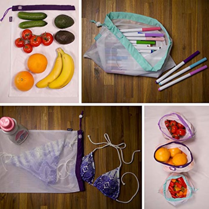 Lotus Produce Bags | 9 Count | 3 Sizes &amp; 3 Colors | Machine Washable, Reusable, Multipurpose, Lightweight Mesh Grocery Bags | Fruits, Vegetables, Nuts, Grains | Eco-friendly Netted Reusable Mesh Bag