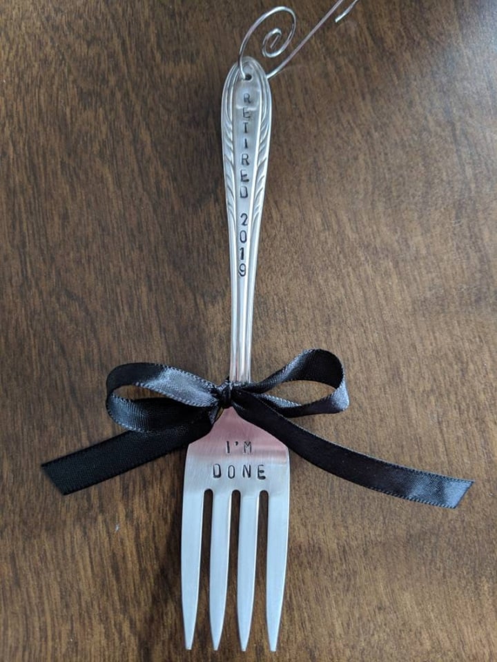 Retirement Gift, I&#039;m Done Fork, Done Fork, I&#039;m Done, Co Worker Gift, Retirement Gift, Graduation Gift, Stamped Fork, Personalized Gift