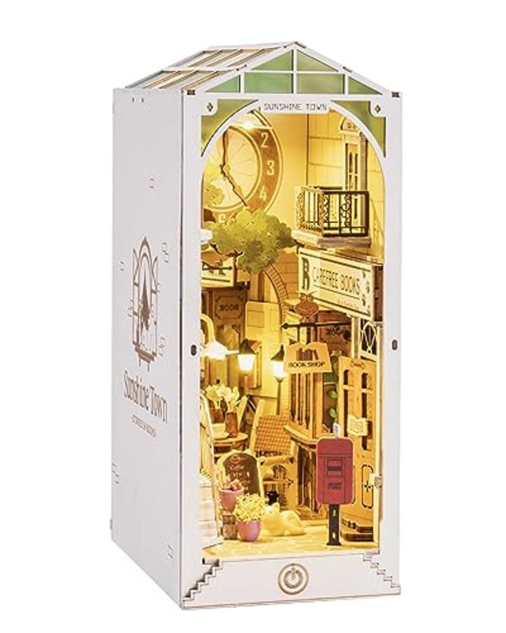 Rowood Book Nook Kits for Adults Bookshelf Insert Decor Alley 3D Wooden Puzzle Bookend DIY Craft Kits for Adults with LED Light - Sunshine Town