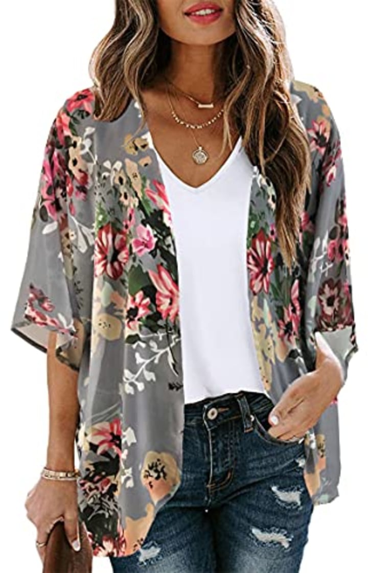 Women&#039;s Floral Print Puff Sleeve Kimono Cardigan Loose Cover Up Casual Blouse Tops (Dark Grey, S)