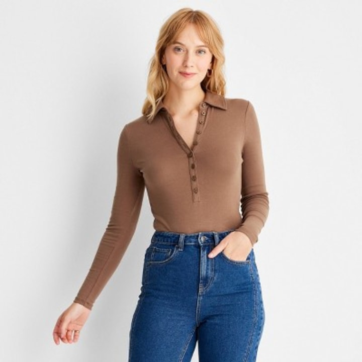 Women&#039;s Long Sleeve Henley Collared Button-Front Bodysuit - Future Collective(TM) with Reese Blutstein