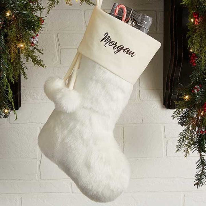 Embroidered Ivory Faux Fur Christmas Stocking