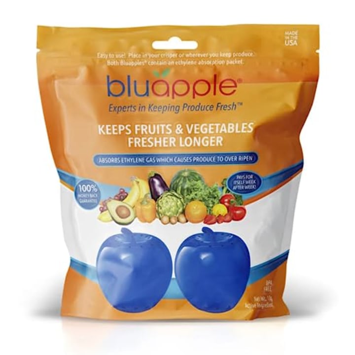 Bluapple Produce Saver 2-Pack - Keeps Fruits &amp; Vegetables Fresh Longer in Refrigerator Crisper, Shelves, and Fruit Bowls, Lasts up to 3 Months, Ethylene Gas Absorber, BPA Free, Made in USA