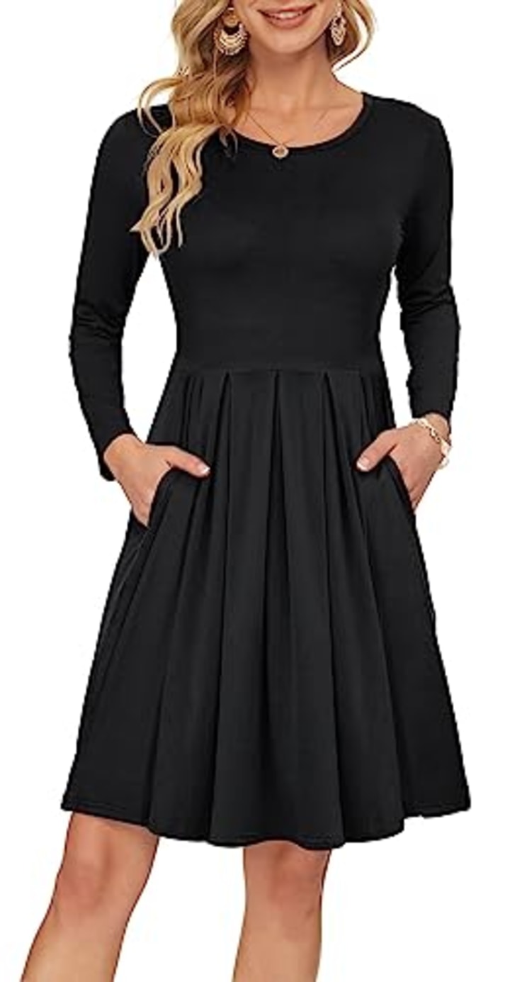 AUSELILY Women&#039;s Long Sleeve Pleated Loose Swing Casual Dress with Pockets Knee Length (XL, Black)
