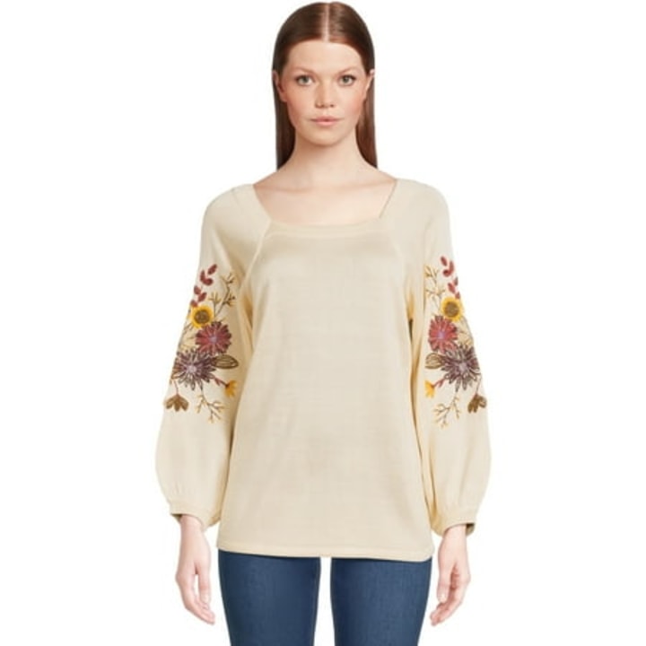 The Pioneer Woman Embroidered Square Neck Pullover Sweater, Women&#039;s