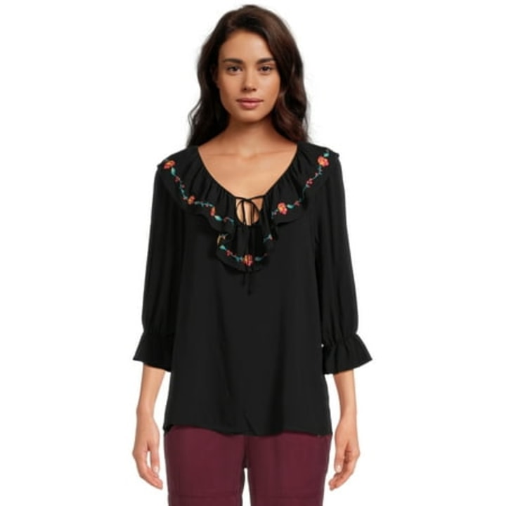 The Pioneer Woman Wide V-Neck Ruffle Blouse, Women&#039;s
