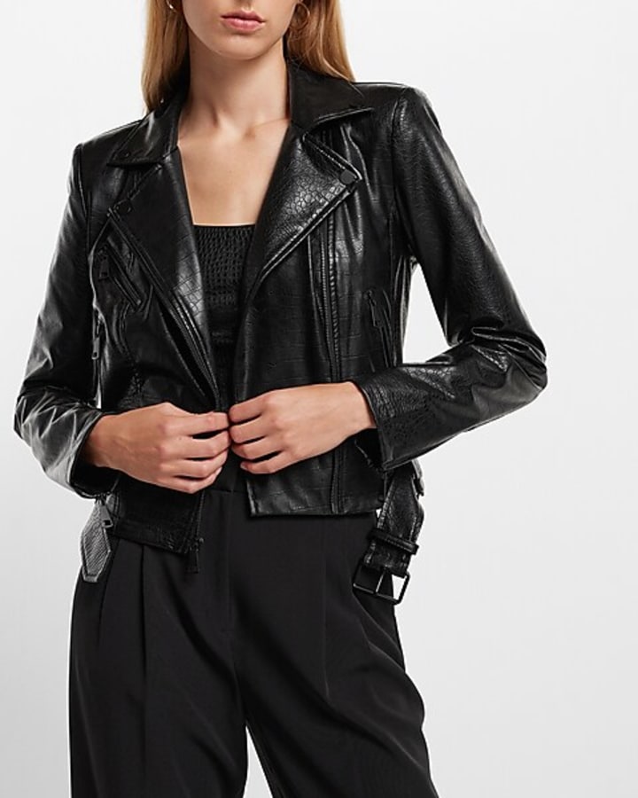 Express Croc Faux Leather Cropped Moto Jacket