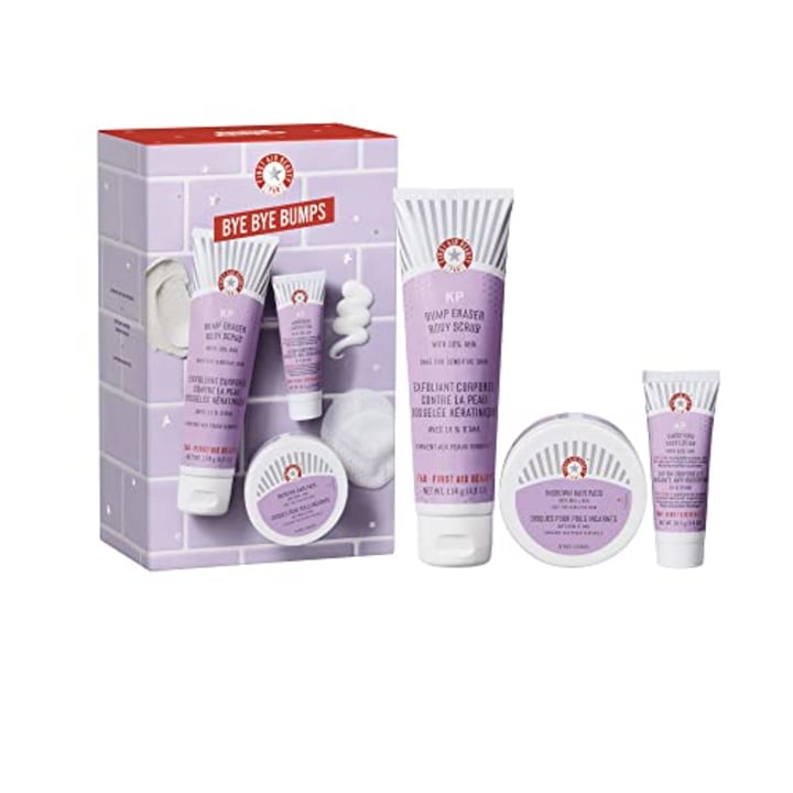 First Aid Beauty Bye Bye Bumps Kit - 3 Exfoliating Favorites - KP Bump Eraser Body Scrub with 10% AHA, 4 oz, KP Smoothing Body Lotion, 1 oz, Ingrown Hair Pads, 28 Count