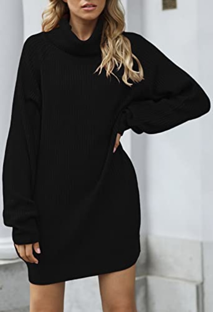 Pink Queen Women&#039;s Loose Turtleneck Oversize Long Pullover Sweater Dress Black L