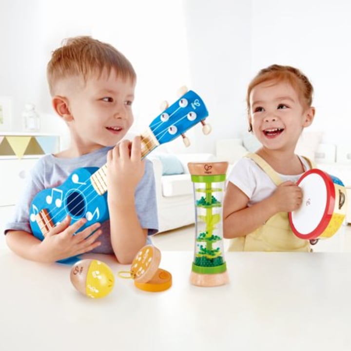 Hape Mini Band Instrument Set | Five Piece Wooden Instrument Music Set for Kids , Red