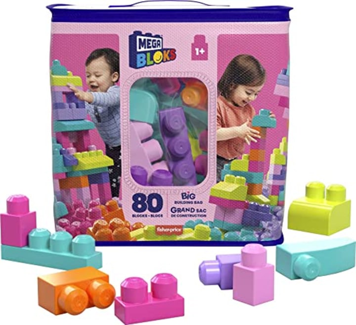 MEGA BLOKS 80-Piece Building Blocks Toddler Toys With Storage Bag, Big Building Bag For Toddlers 1-3 - Pink [Packaging May Vary]