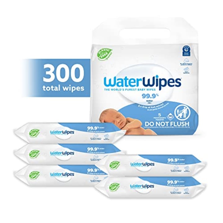 WaterWipes Plastic-Free Original Baby Wipes, 99.9% Water Based Wipes, Unscented &amp; Hypoallergenic for Sensitive Skin, 300 Count (5 packs), Packaging May Vary