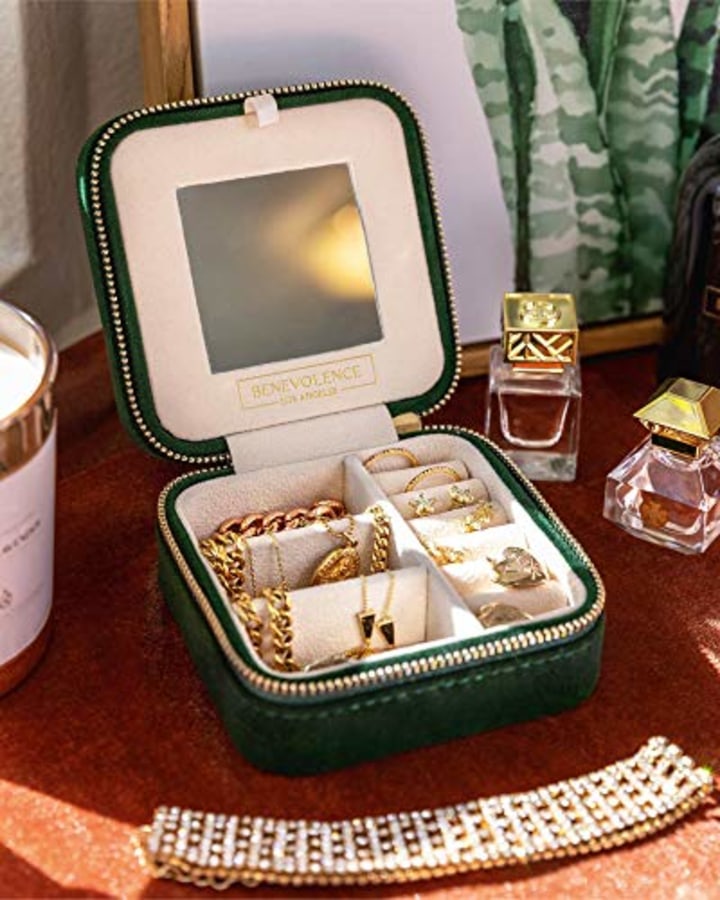Plush Velvet Travel Jewelry Box Organizer | Travel Jewelry Case Small Jewelry Box for Women | Jewelry Travel Organizer, Jewelry Travel Case for Women | Earring Organizer with Mirror - Emerald Velvet