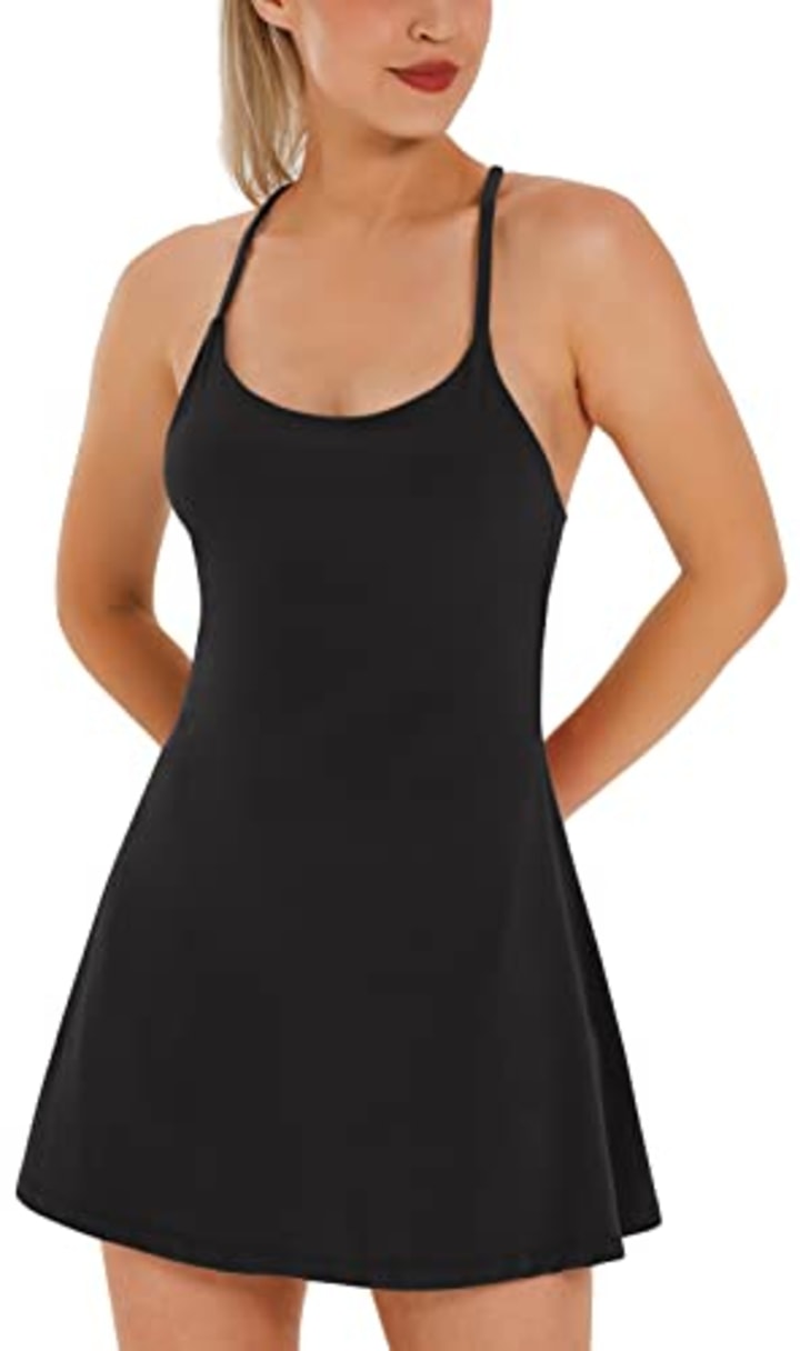 Womens Tennis Dress, Workout Dress with Built-in Bra &amp; Shorts Pockets Exercise Dress for Golf Athletic Dresses for Women Black