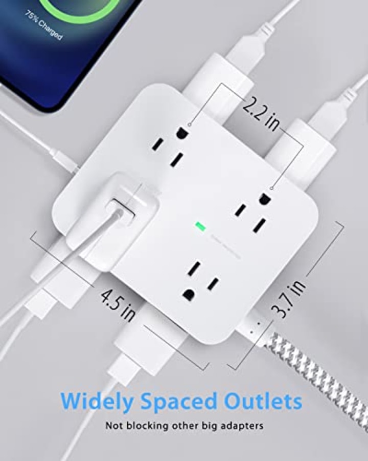 Surge Protector Power Strip - Extension Cord with 8 Widely Outlets 4 USB Ports, 3 Side Multi Plug Outlet Extender, Flat Plug, 5Ft, Wall Mount, Desk USB Charging Station for Home Office Dorm Room ETL