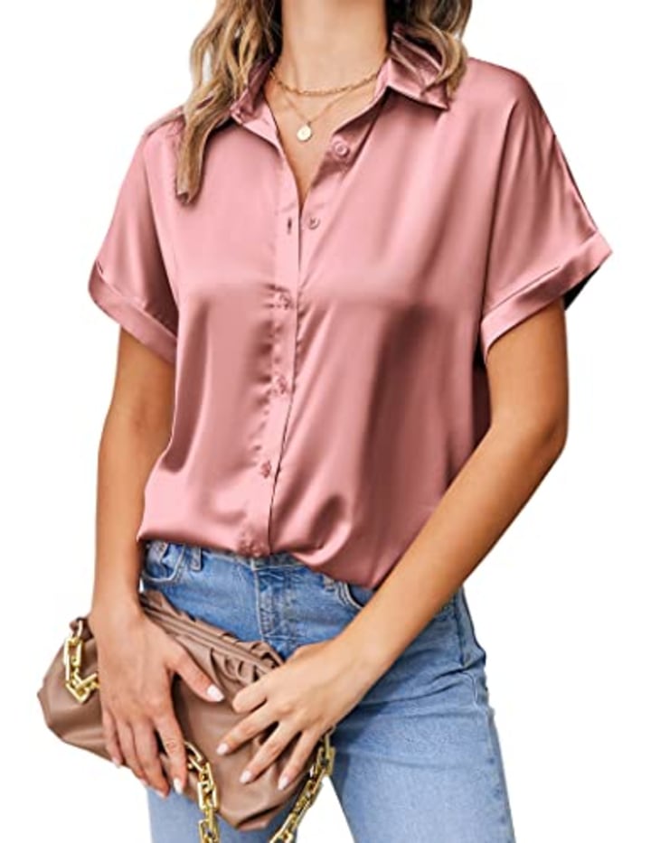 Chigant Button Down Shirts for Women Casual Short Sleeve Satin Silk Blouse V-Neck Tunic Top (Pink Purple,Small)