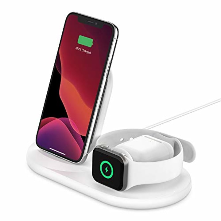 Belkin 3-in-1 Wireless Charger - Fast Wireless Charging Stand for Apple iPhone, Apple Watch &amp; AirPods - iPhone Case Compatible Qi Charger - Wireless Charging Station For Multiple Devices - White
