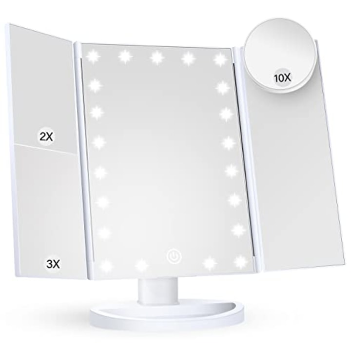 Makeup Mirror Vanity Mirror with Lights, 2X 3X 10X Magnification, Lighted Makeup Mirror, Touch Control, Trifold Makeup Mirror, Dual Power Supply, Portable LED Makeup Mirror, Women Gift (White+10X)