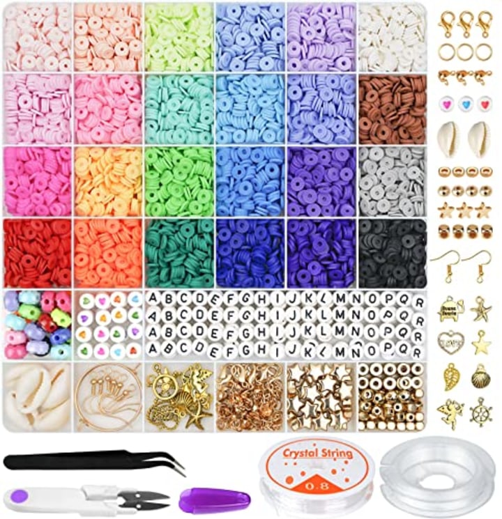 Gionlion 6000 Pcs Clay Beads for Bracelet Making, 24 Colors Flat Round Polymer Clay Beads 6mm Spacer Heishi Beads with Pendant Charms Kit and Elastic Strings for Jewelry Making Kit Bracelets Necklace