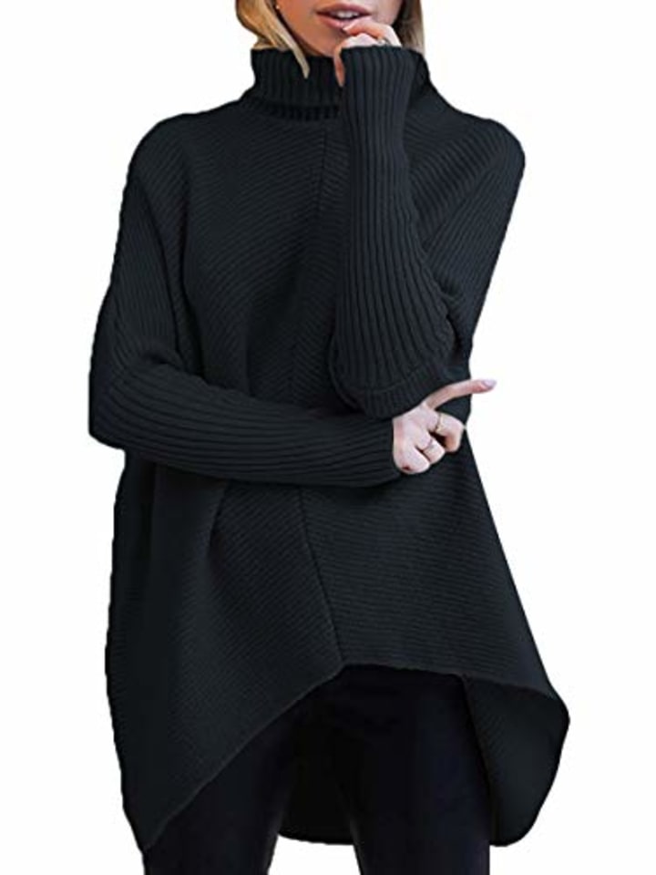 ANRABESS Women&#039;s Casual Long Batwing Sleeve Turtleneck High Low Hem Sweater Pullover Knit Jumper A87hei-XS Black