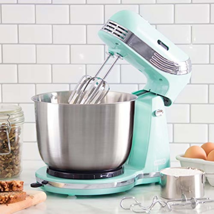 Dash Stand Mixer (Electric Mixer for Everyday Use): 6 Speed Stand Mixer with 3 Quart Stainless Steel Mixing Bowl, Dough Hooks &amp; Mixer Beaters for Frosting, Meringues &amp; More - Aqua