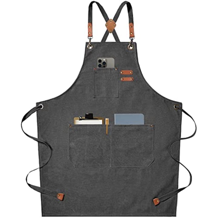 AFUN Chef Aprons for Men Women with Large Pockets, Cotton Canvas Cross Back Heavy Duty Adjustable Work Apron, Size M to XXL(Grey)