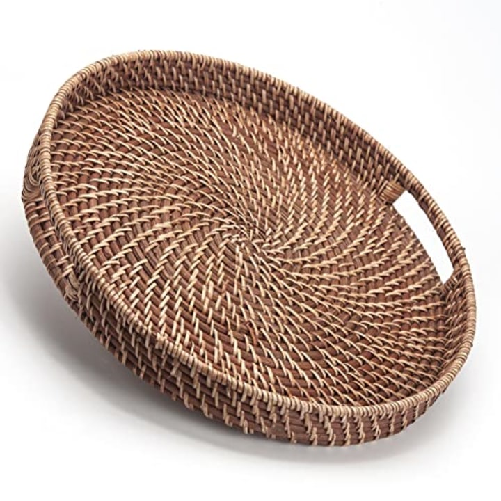 Round Rattan Woven Serving Tray with Handles Ottoman Tray for Breakfast, Drinks, Snacks for Coffee Table, Home Decorative (Honey Brown, 13.8&quot;x2&quot;)