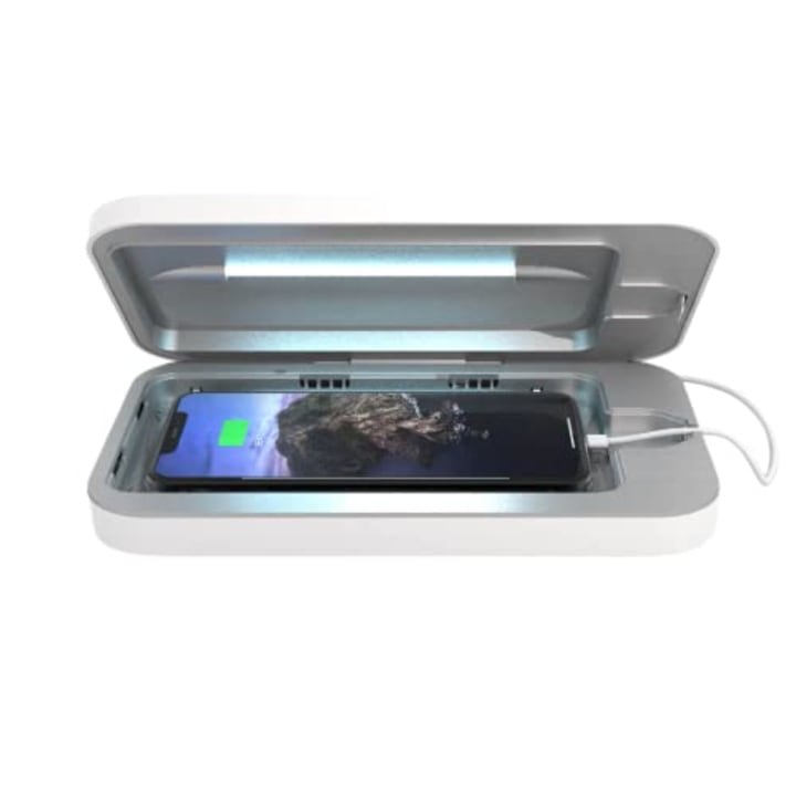 PhoneSoap 3 UV Cell Phone Sanitizer &amp; Dual Universal Cell Phone Charger Box | Patented &amp; Clinically Proven 360-Degree UV-C Light Sanitizer | Disinfects and Charges All Phones (White)