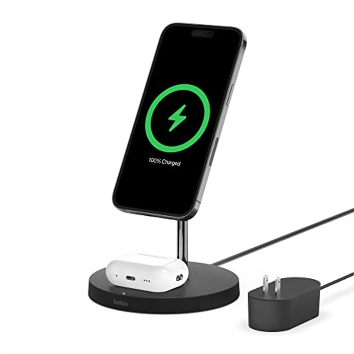 Belkin MagSafe 2-in-1 Wireless Charging Stand - Fast Charging for Apple iPhone 14, 13 &amp; 12 series &amp; AirPods - MagSafe Charging Station For Multiple Devices - Black