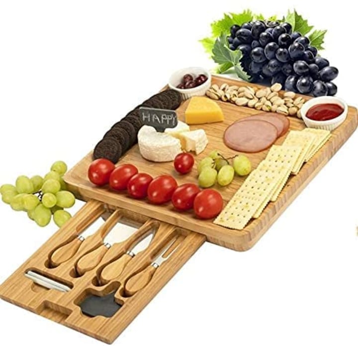 Bamboo Cheese Board with Cheese Tools, Cheese Plate Charcuterie Board  Platter Set Serving Tray for Wine Cracker Brie and Meat, Large Thick Wooden