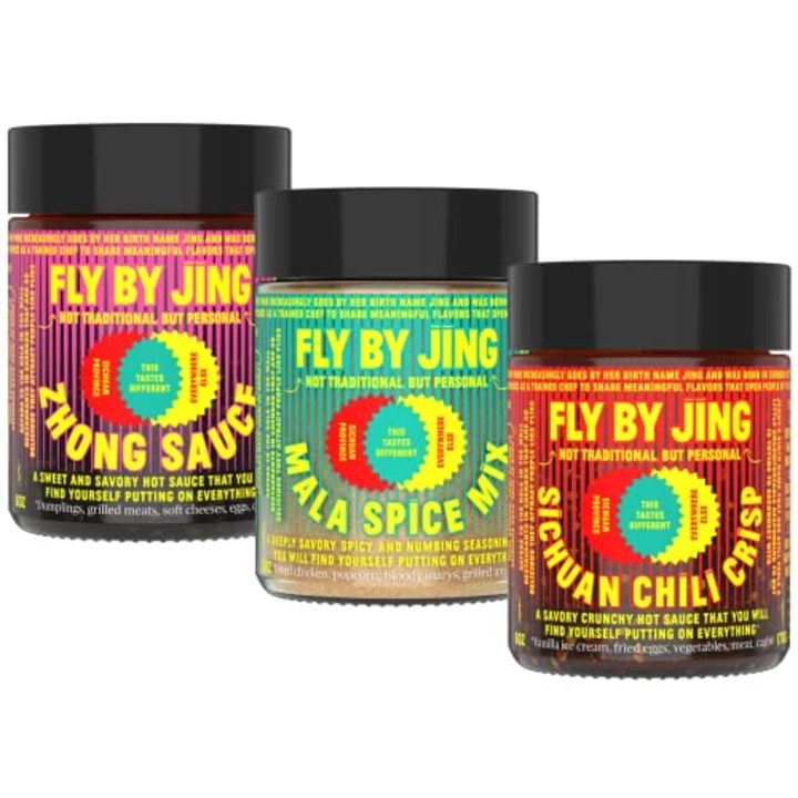 FLYBYJING Triple Threat Variety Pack, Contains Sichuan Chili Crisp, Zhong Sauce, Mala Spice Mix, Addictive All Natural, Perfect for Hot Sauce and Food Lovers, Good on Everything, 6oz (Pack of 3)