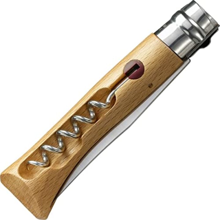 Opinel No. 10 Stainless Steel Corkscrew Wine and Cheese Folding Knife, Integrated Corkscrew + Bottle Opener, Beechwood Handle - Picnic Pocket Knife Made in France (Updated Version)
