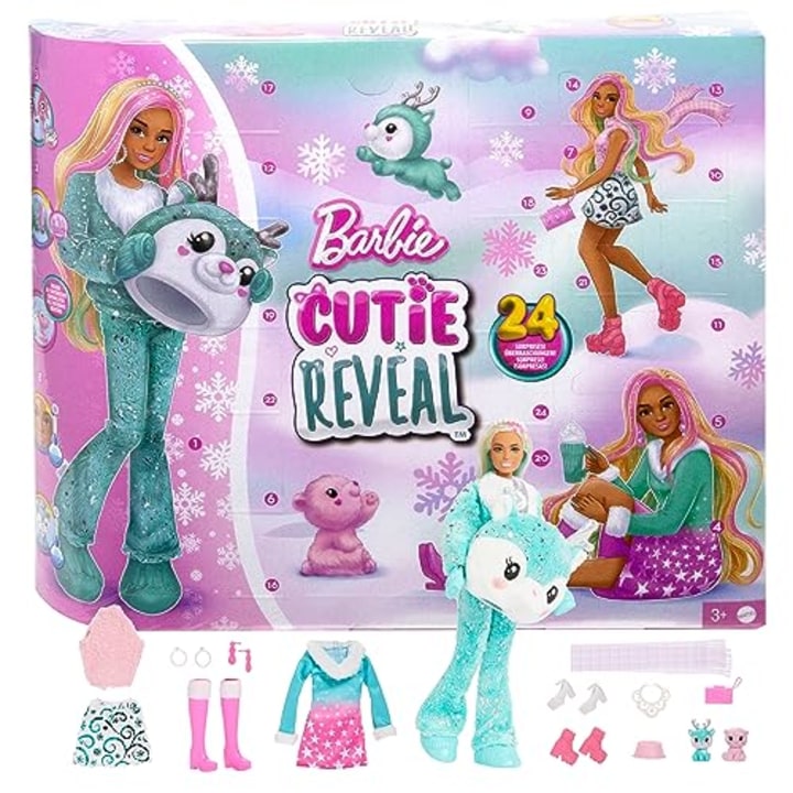 Barbie Cutie Reveal Advent Calendar &amp; Doll, Blue &amp; Pink Hair, 25 Surprises Include Clothes, Accessories &amp; Color-Change Pets
