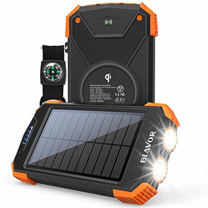 Solar Power Bank, Qi Portable Charger 10,000mAh External Battery Pack Type C Input Port Dual Flashlight, Compass, Solar Panel Charging (Orange)