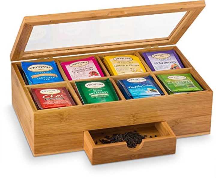 Premium Bamboo Tea Box Organizer - Wood Tea Chest with Slide-Out Drawer &amp; Acrylic Window, Magnet Lid Keeps Teabag Fresh - Countertop &amp; Cabinet Organization (Teabags Not Included) - Christmas Gift Idea