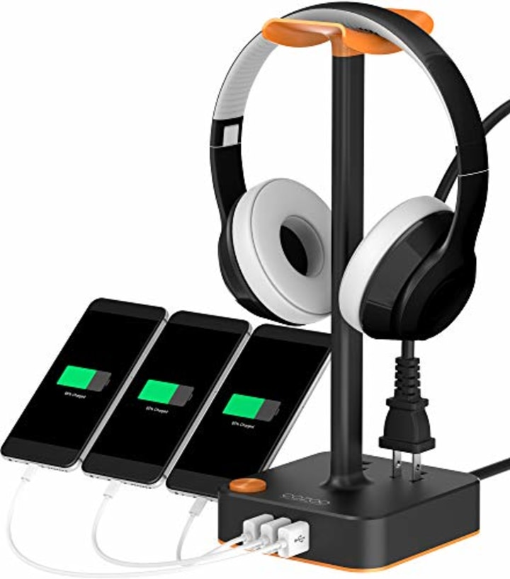 Headphone Stand with USB Charger COZOO Desktop Gaming Headset Holder Hanger with 3 USB Charger and 2 Outlets - Suitable for Gaming, DJ, Wireless Earphone Display (Orange)