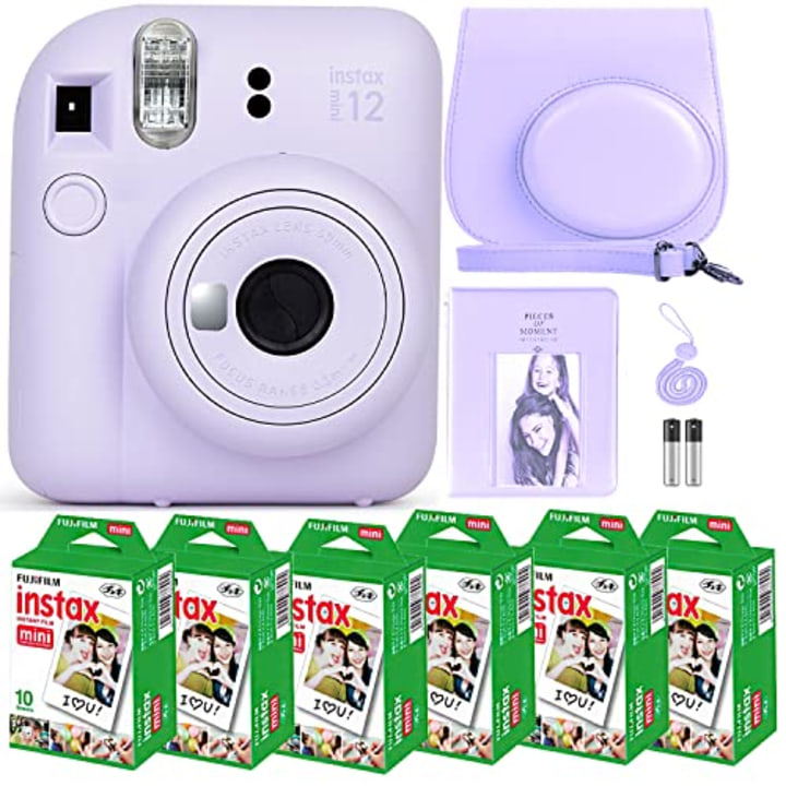 Fujifilm Instax Mini 12 Camera with Fujifilm Instant Mini Film (60 Sheets) Bundle with Deals Number One Accessories Including Carrying Case, Photo Album, Stickers (Lilac Purple)
