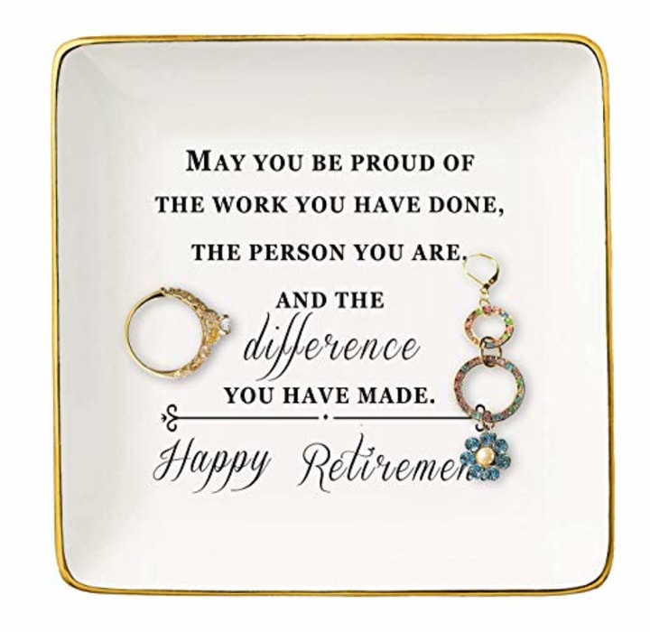 Topthink Happy Retirement Gifts for Women - Ceramic Jewelry Holder Ring Dish Trinket Tray - Retirement Appreciation Gift -Gift for Mom Boss Co-workers, Teachers,Nurse,Friends,Wife,Sister