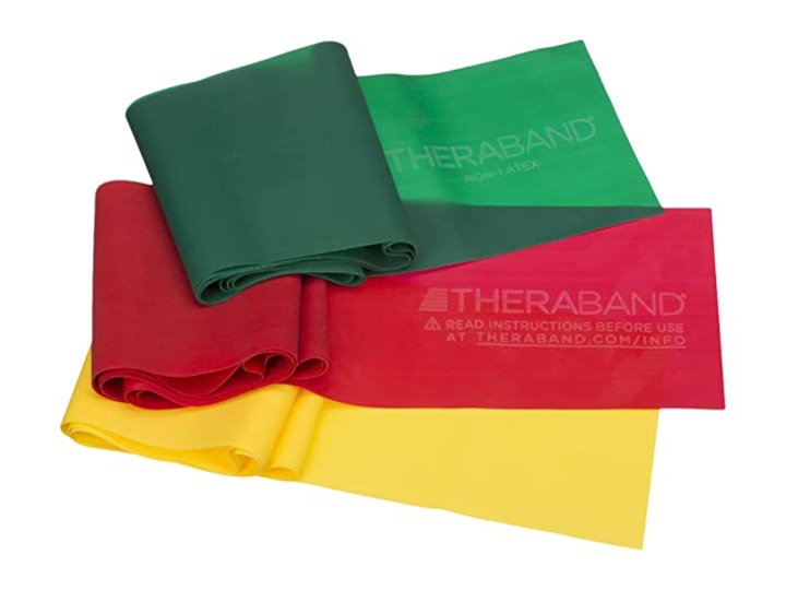 TheraBand Resistance Band Set, Professional Latex Elastic Bands for Upper &amp; Lower Body, Core Exercise, Physical Therapy, Lower Pilates, At-Home Workouts, &amp; Rehab, 5 Foot, Yellow, Red &amp; Green, Beginner