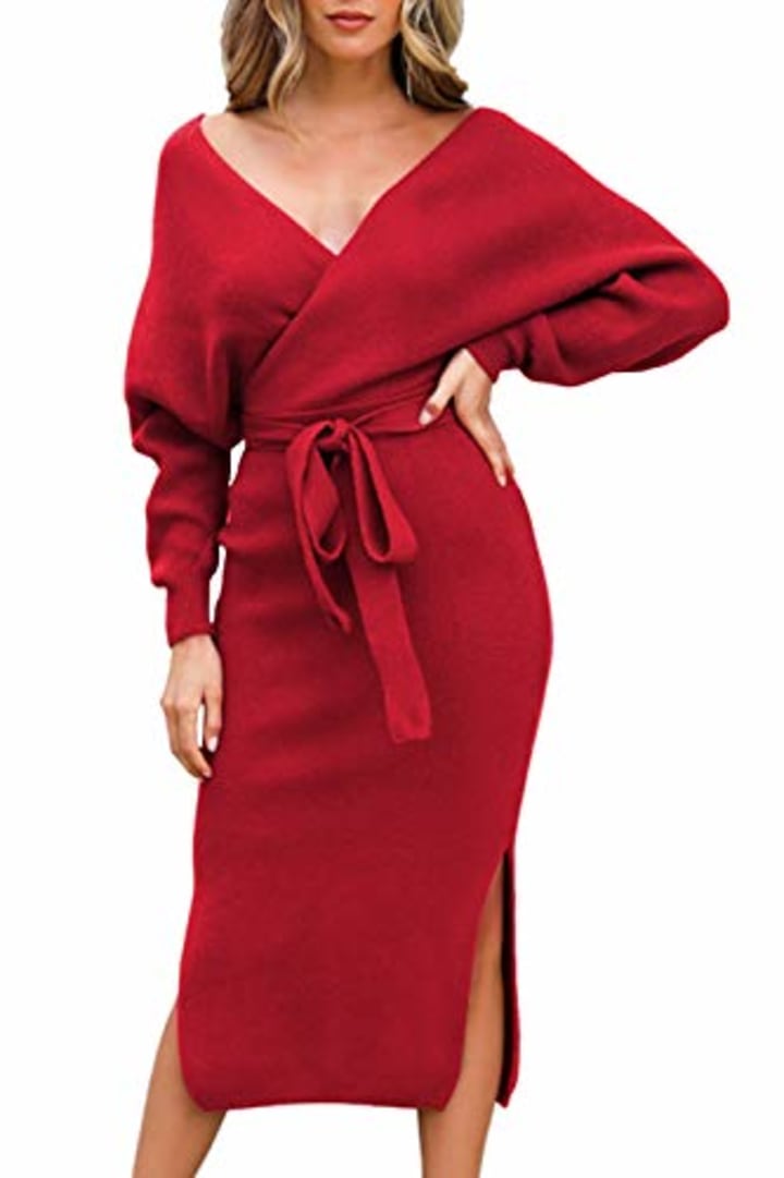 Fixmatti Women&#039;s Elegant V-Neck Wrap Knit Dress