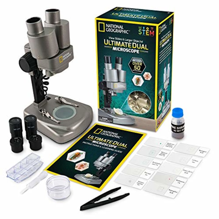 NATIONAL GEOGRAPHIC Dual LED Student Microscope - 50+ pc Science Kit with 10 Prepared Biological &amp; 10 Blank Slides, Lab Shrimp Experiment, Perfect for School Laboratory, Homeschool &amp; Home Education