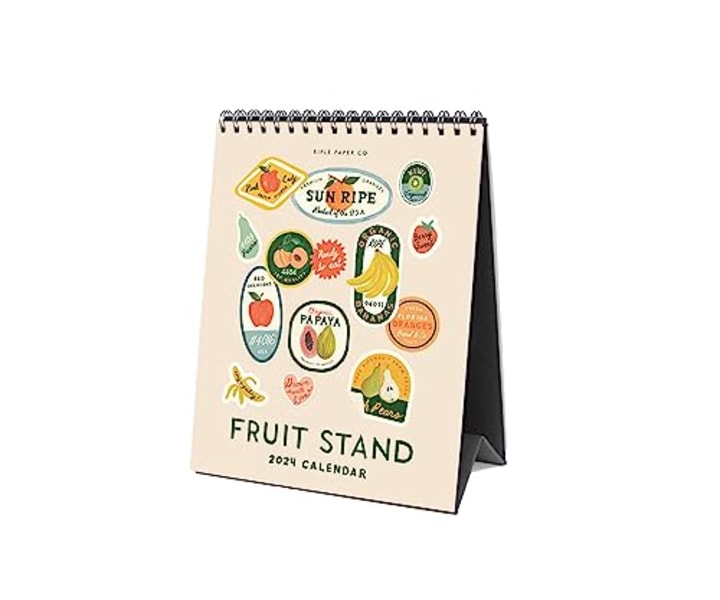 RIFLE PAPER CO. 2024 Fruit Stand Desk Calendar - 12 Month Dated Calendar, Beautiful Fruit Illustrations, 6&quot; L x 7.5&quot; W, Double Spiral with Attached Stand to Prop Up on Desk