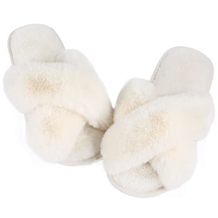 Ankis Women White Fuzzy Fluffy Slippers Soft Cozy Plush Fuzzy Slippers Memory Foam Slipper Fluffy Furry Open Toe Fuzzy Slippers Bedroom Comfy Cross Band Slippers for Womens House Indoor Size 9 10