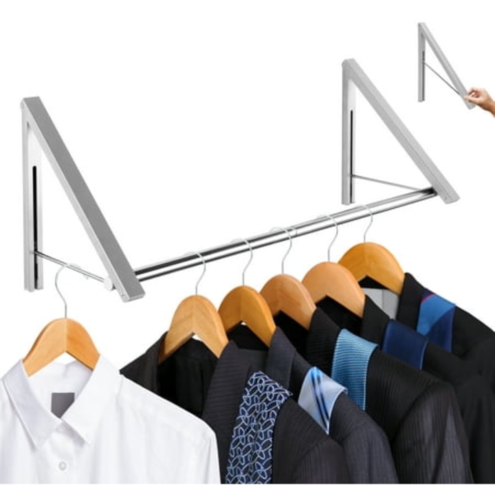 Stock Your Home Retractable Clothes Rack - Wall Mounted Folding Clothes Hanger Drying Rack for Laundry Room Closet Storage Organization, Aluminum, Easy Installation, 2 Racks with Rod (White)