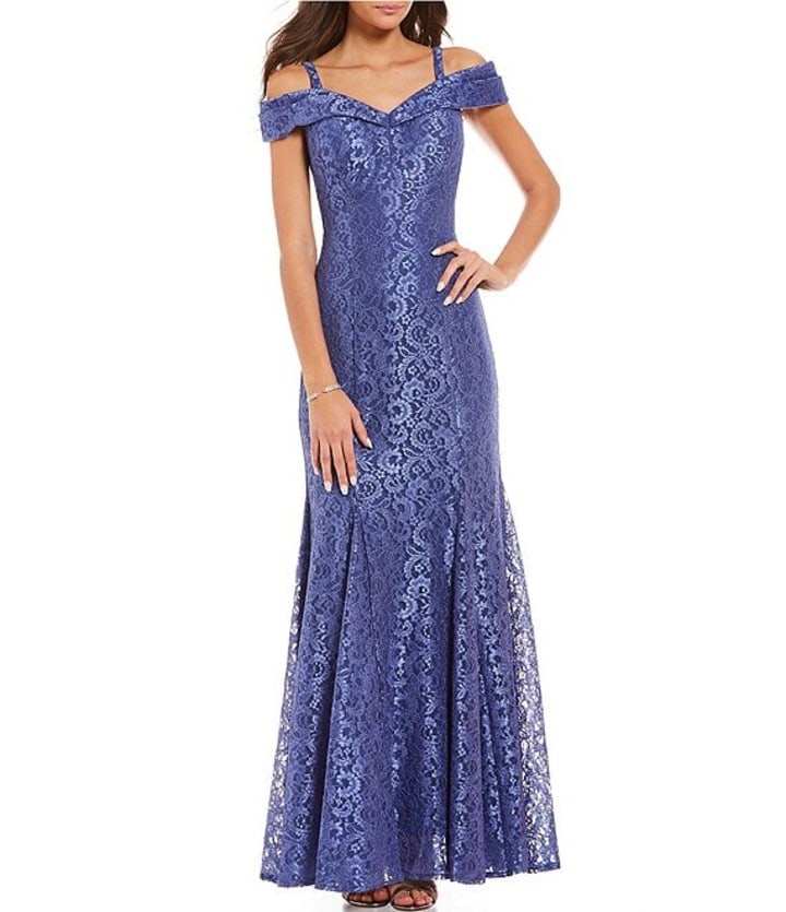 Dillard&#039;s Off-the-Shoulder Cap Sleeve Floral Lace Mermaid Gown