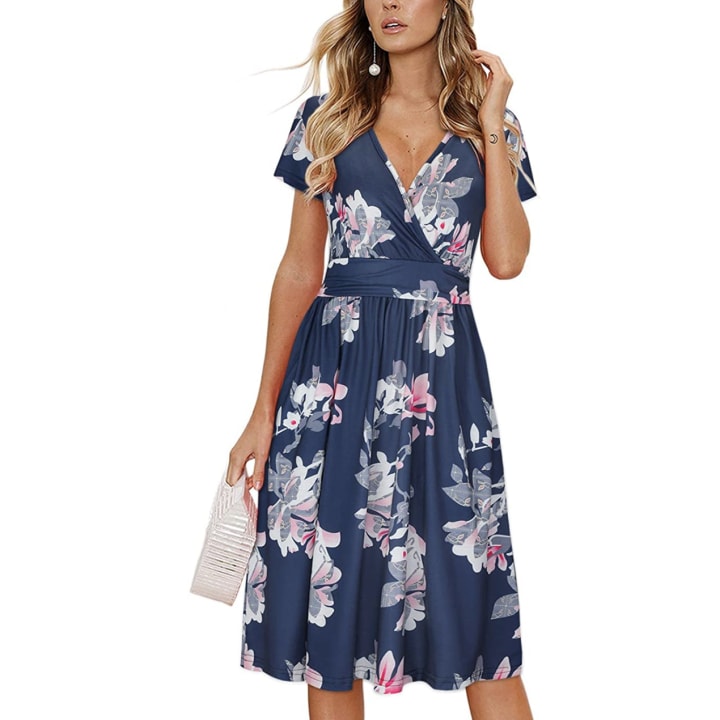 Summer Short Sleeve V-Neck Floral Dress with Pockets