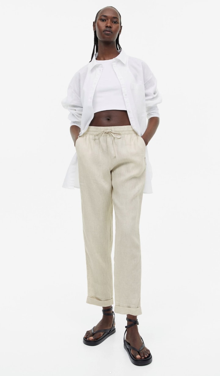 Natural fitted linen pants with paper bag waist  Linen Boutique