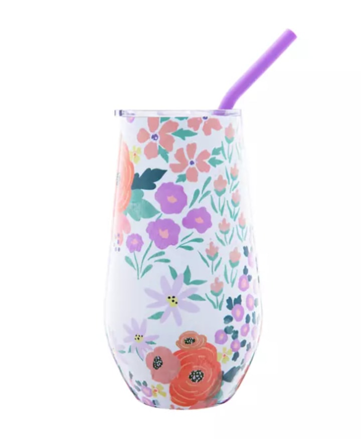 16 Ounce White Floral Insulated Wine Tumbler