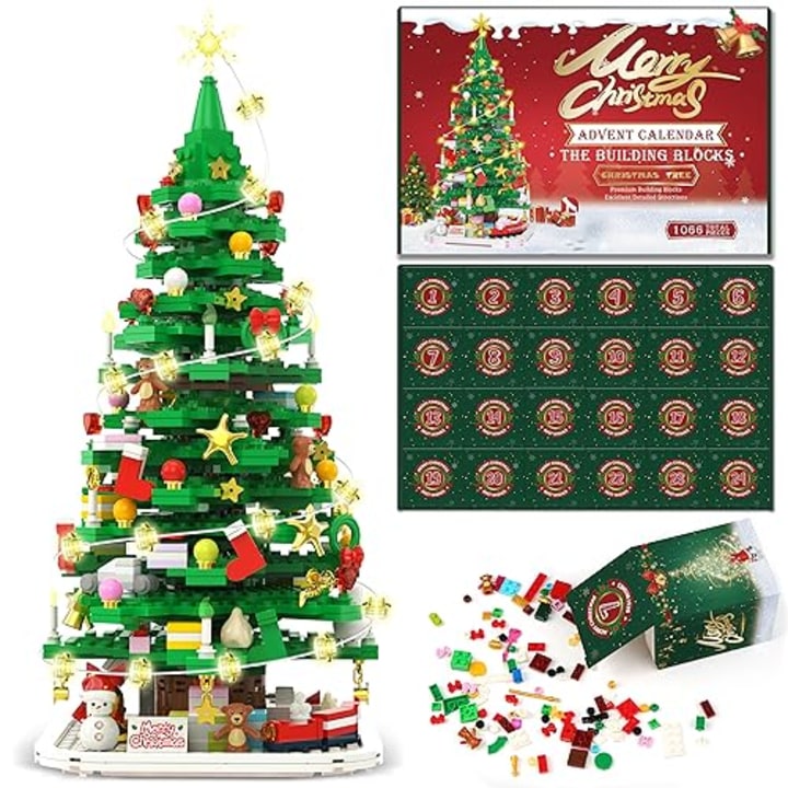 Qifun Advent Calendar 2023 Christmas Tree Building Toy Set with LED Lights